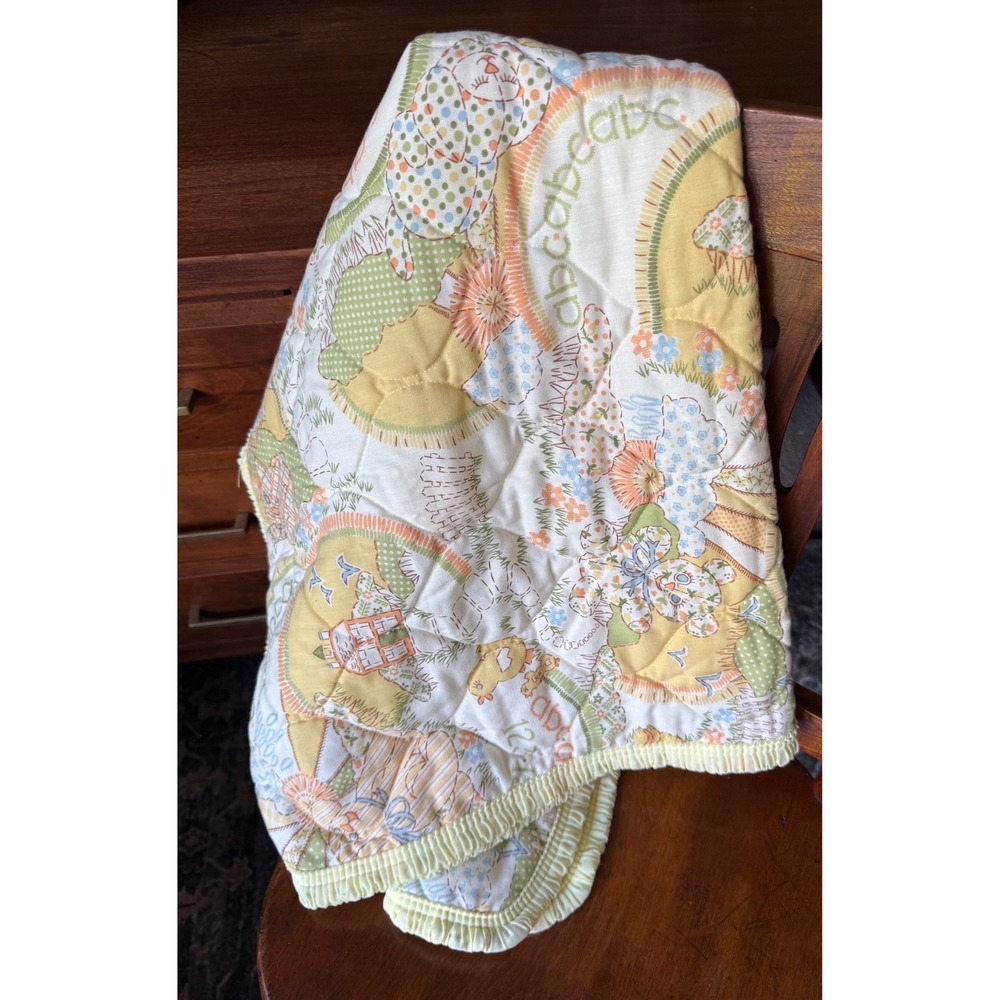 Vintage 1970s Sears Baby Blanket Quilt ABC 123 Bunny Duck Cat Yellow Green Retro